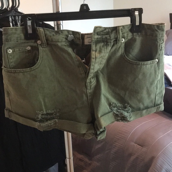 Acacia Washed Olive Green Distressed Denim Shorts - Picture 5 of 6